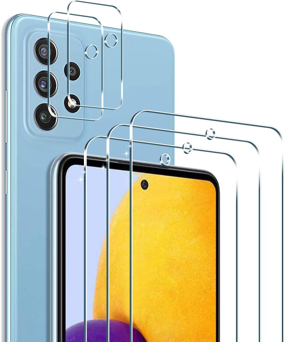[5-Pack] PULEN for Samsung Galaxy A72 Screen Protector (3 Packs) with 2 Packs Camera Lens Protector,HD Clear Scratch Resistant Bubble Free Anti-Fingerprints Easy Installation 9H Hardness Tempered Glass