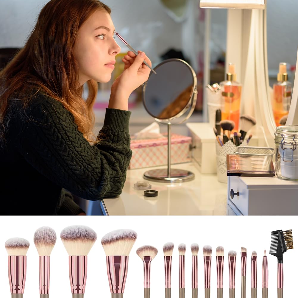 Vicloon Ensemble de pinceaux cosmétiques, 15 Pièces Brun kit de pinceaux cosmétiques, Professionnels Set Pinceaux Synthétiques Fard à Joues En Peluche, Poudre De Brillant à Lèvres