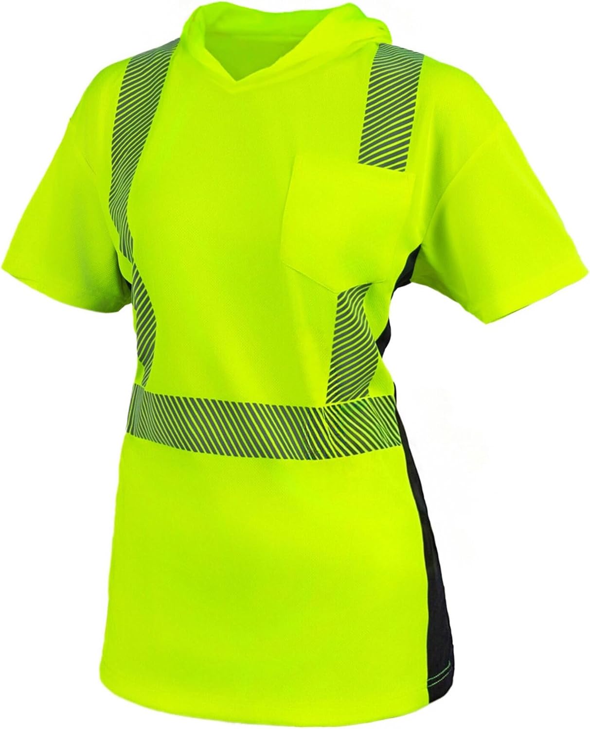Safety Reflective Shirts for Women ANSI Class 2 Hi Vis Short Sleeve High Visibility Work T Shirts with Hood, 1 Pack