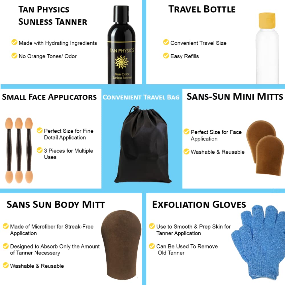 Tan Physics Guantes Y Botella viaje Empty de Sans-Sun Color verdadero Tanner 8 Oz W/de la cara y de la carrocería libre de bronceado mitones, Hydro Exfoliación