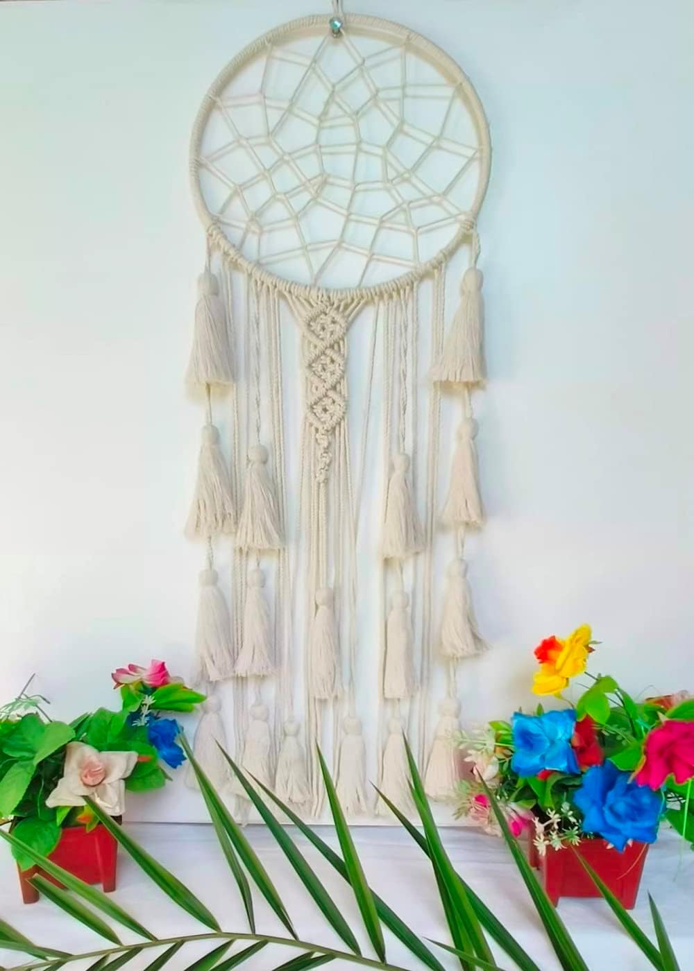 ACNDC Boho Dream Catcher Wall Hanging, 36 x 13 inches, Macrame Woven Feathers, White