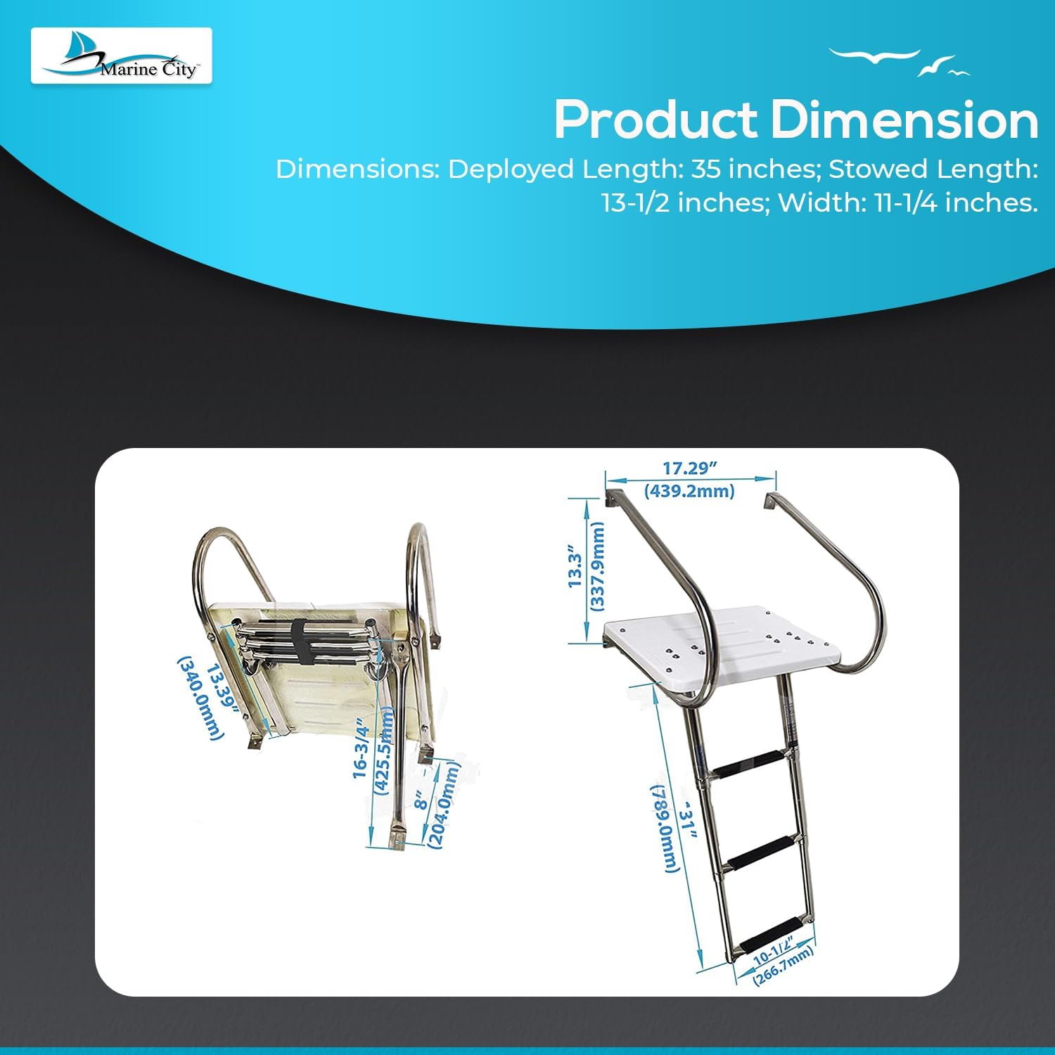 MARINE CITY 304 Grade Stainless Steel 3 Step Inboard/Outboard Swim Platform Telescoping Boat Ladder Electro-Polished Rails with 3 Anti-Slip Footsteps for Boats – Ships – Marines (Pack of 1)