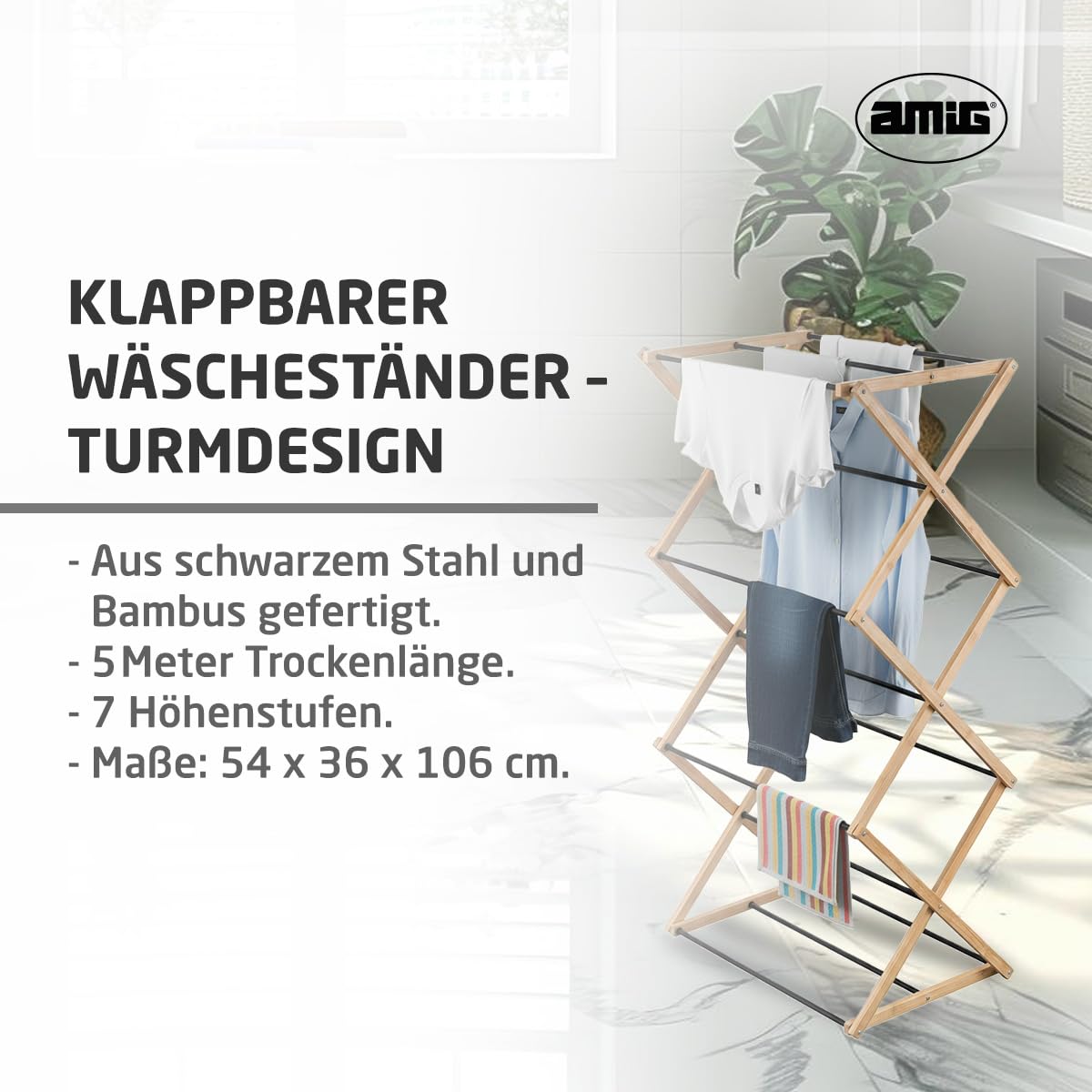 Amig - Vertikaler, klappbarer Turm-Wäscheständer Mod. Aeria ZenRack - Epoxidstahl und Bambus - Design-Wäschetrockner mit vertikaler Struktur - 5 m Trockenfläche - 54x36x106 cm - Farbe Schwarz/Bambus