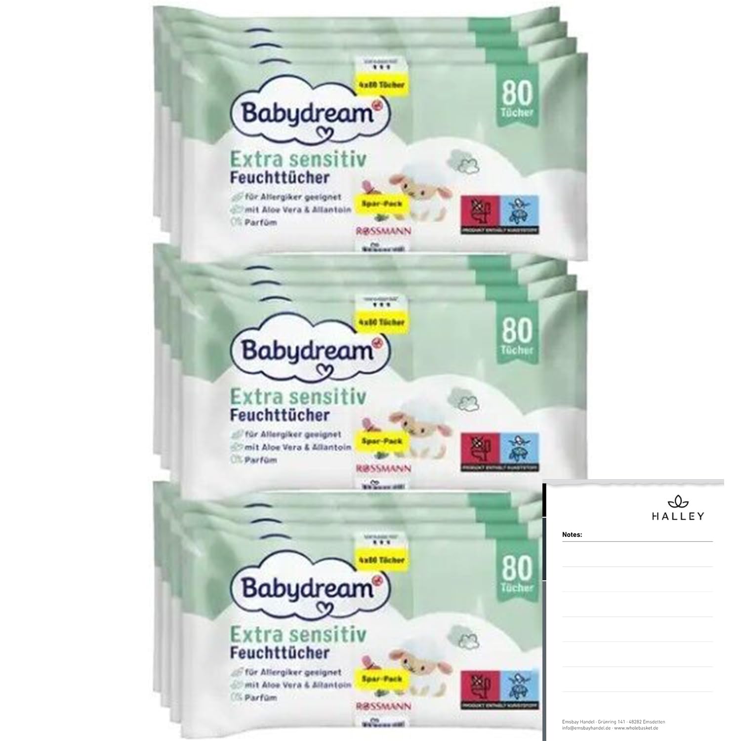 Babydream extra sensitive Feuchttücher 960 Stück 12x80 Tücher ohne Pafüm, mit Aloe Vera & Allantion, bei Neurodermitis geeignet + Halley Bedding Notizblock Set