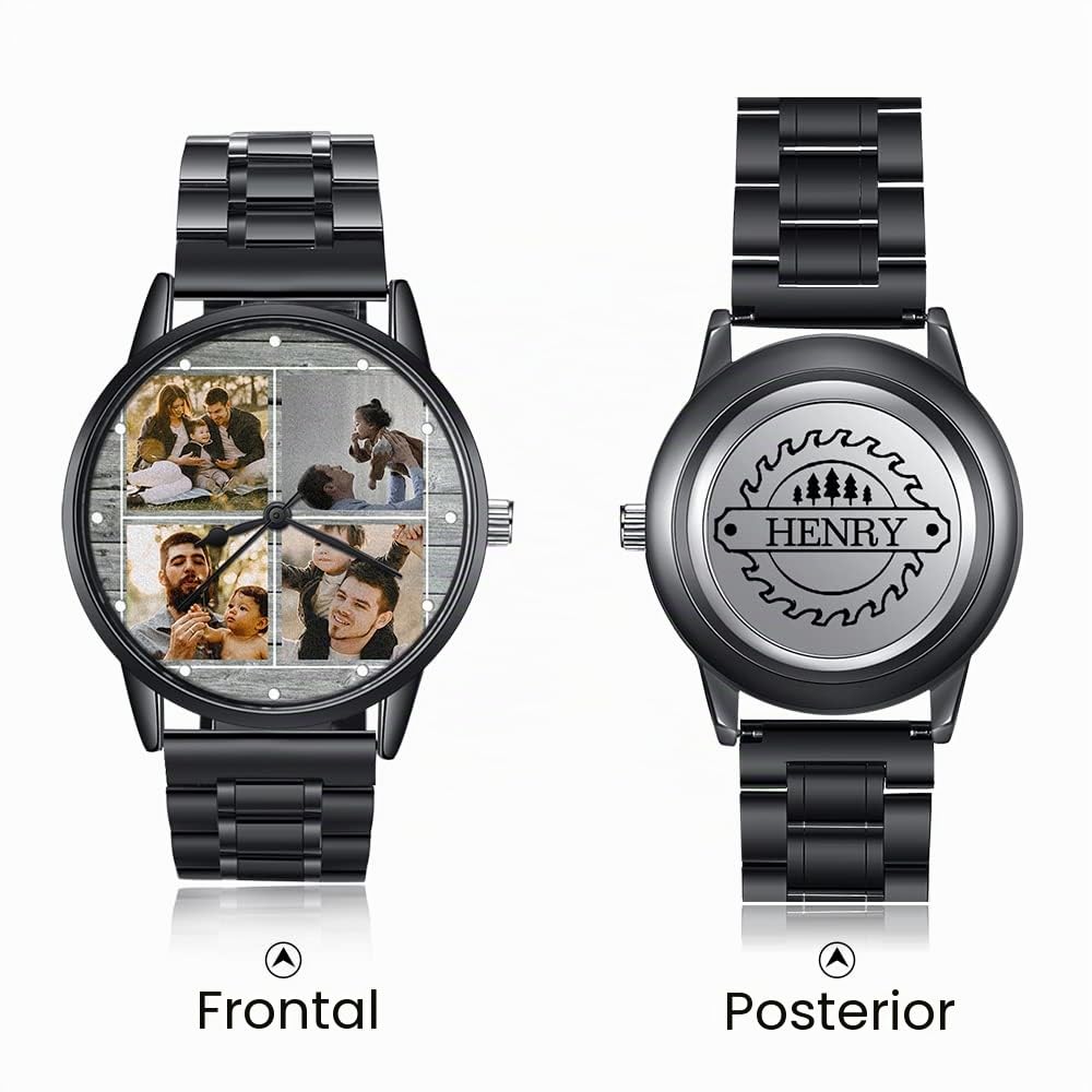 lorajewel Reloj de Hombres Personalizado Nombre Fecha Foto,Cronógrafo Deportivo de Cuarzo Moda Negocio Impermeable Relojes de Pulsera Acero Inoxidable Negro para el día del Padre