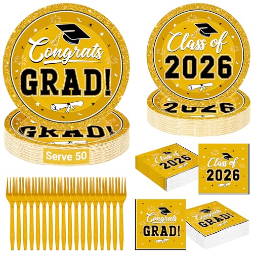 Image of Graduation Party Supplies Set for 50 Guests, Yellow Graduation Plates and Napkins 2026, 200Pcs Disposable Grad Plates, Napkins, Dessert Plates and Forks for 2026 School Ceremony, Birthday Tableware