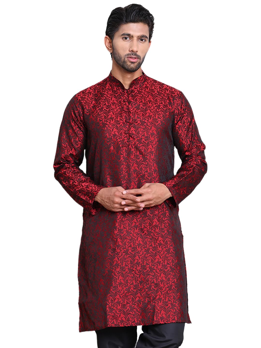 Jompers Men's Jacquard Silk Kurta(Maroon, X-Large)