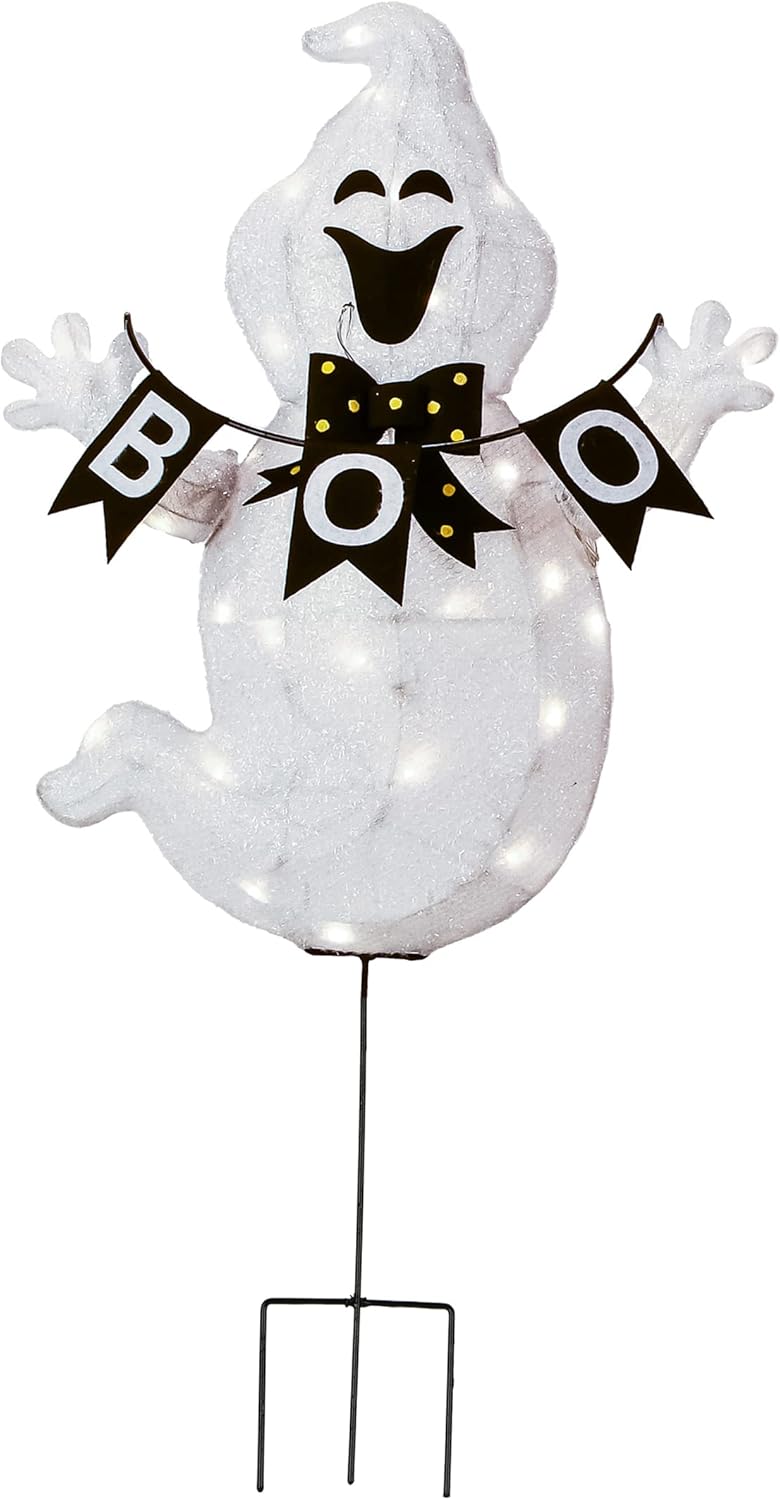 National Tree Company Pre Lit Lawn Decoration, White, Boo Ghost, LED Lights, Plug in, Halloween Collection, 32 Inches