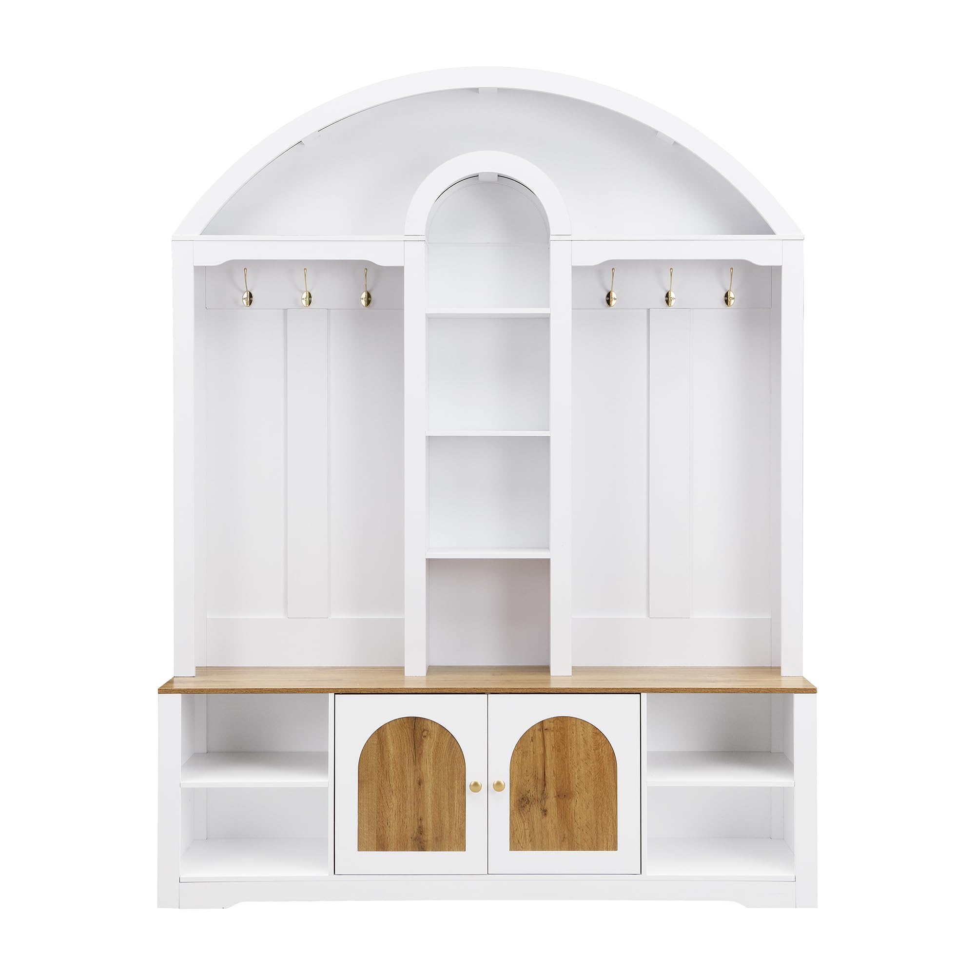 Merax Armoire multifonctionnelle pour entrée avec étagère à chaussures, tablettes et crochets, moderne placard avec design incurvé, double porte de rangement et étagère ouverte, blanc