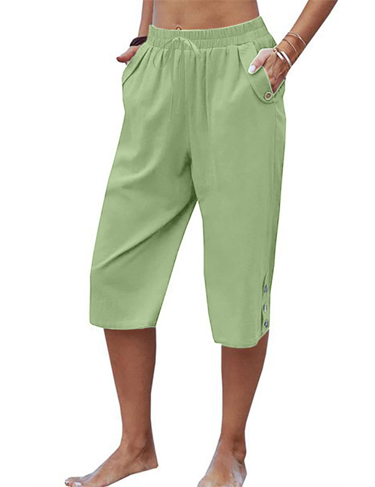 LARMLISS Womens Casual Capri Pants Elastic Waist Solid Color Pants