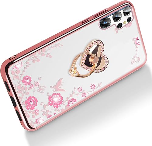 Miniatura 6 de B-Wishy Galaxy S23 Ultra Glitter Caso, Slim TPU Crystal Butterfly Design, Kickstand+Strap - Oro Rosa