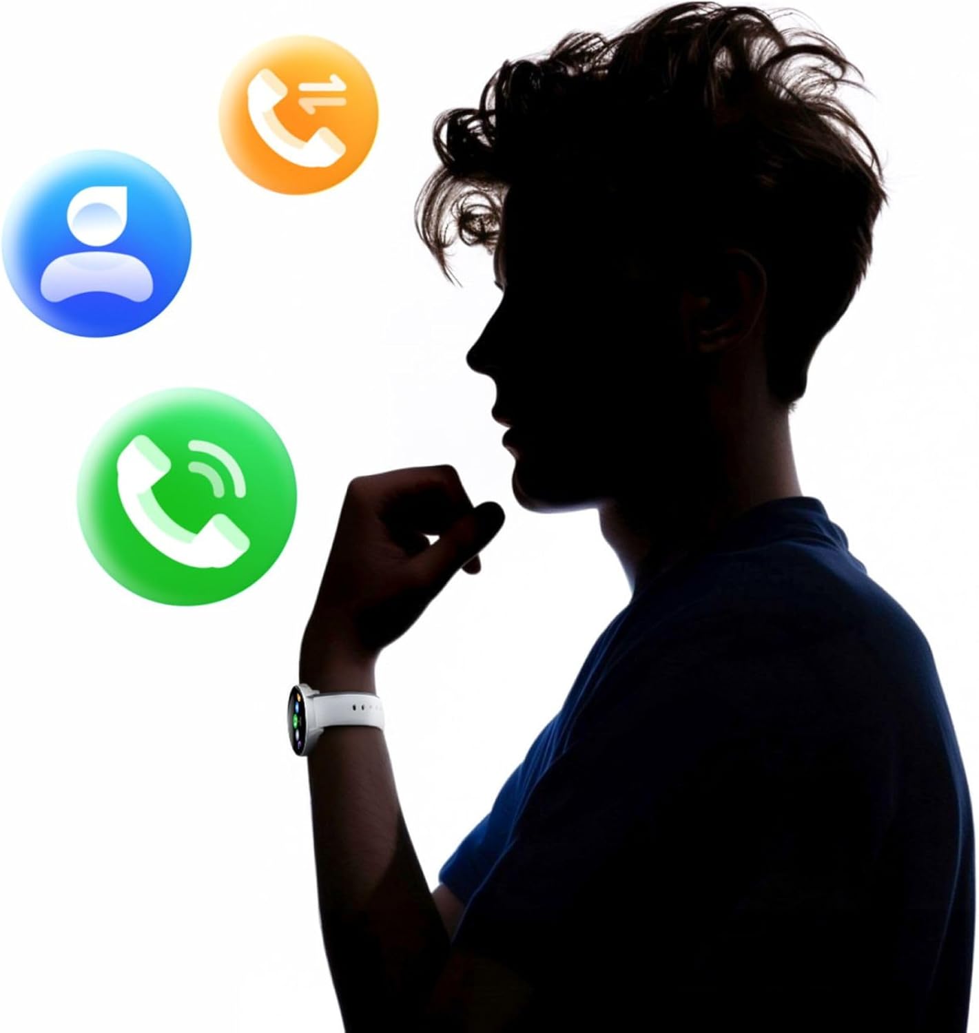 Hand holding a smartphone displaying a health monitoring app interface, with various health icons around it.