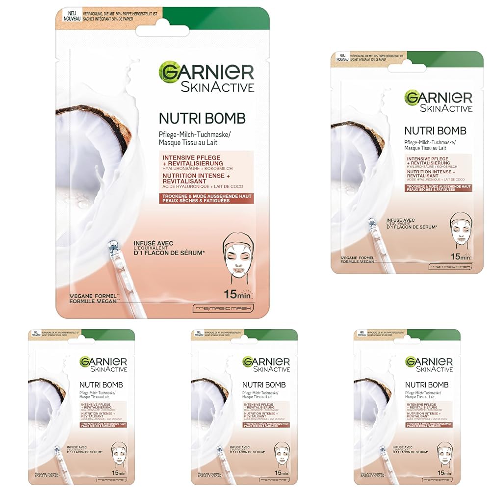 Garnier Tuchmaske, Gesichtsmaske für trockene und müde Haut, Intensive Pflege und Revitalisierung, Vegane Formel mit Kokosmilch und Hyaluronsäure, Nutri Bomb, 28 g (Packung mit 5)