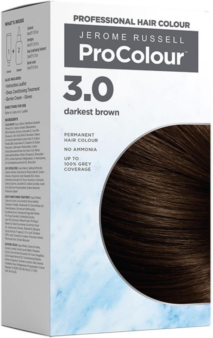 Jerome Russell ProColour Darkest Brown 3.0 Permanent Hair Colour – Ammonia Free Hair Dye for Full Grey Coverage, Shine & Colour Retention with Brazil Nut Oil