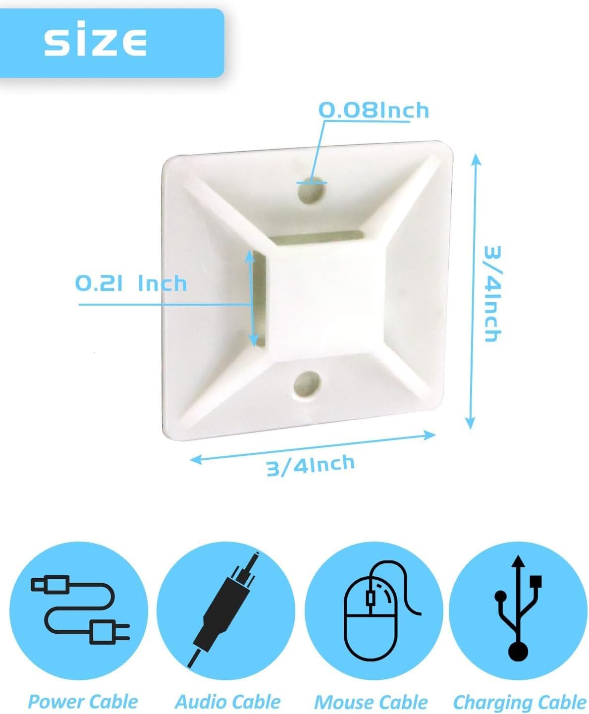 3/4" Zip Tie Mounts - 60 PCS Self Adhesive Cable Tie Mounts Wire Cable Anchors Squares Holders for Cable Management Outdoor Indoor (White, 60PCS- 3/4INCH)