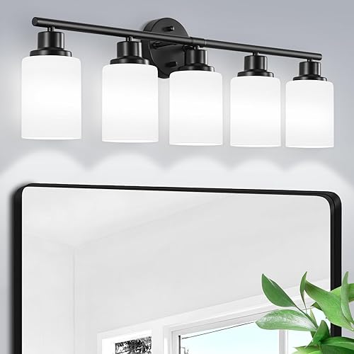 Lámparas de baño de 5 luces, base E26, luces de tocador para espejo con pantalla de vidrio blanco lechoso texturizado, lámparas modernas de cocina,