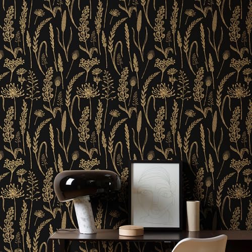 JiffDiff Peel and Stick Wallpaper Farmhouse Vintage Floral Contact Paper Wheat Meadow Removable Self Adhesive Wallpaper Black and Gold (56 sq.ft)