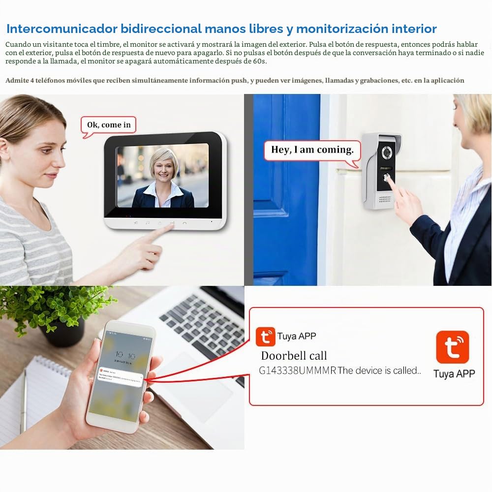 FTSTech 7 pulgadas WiFi TUYA Videoportero Teléfono con Cable Sistema de Intercomunicación por video Monitor de Panel Táctil, Cámara IR para Exteriores Desbloqueo Remoto para Seguridad en el Hogar