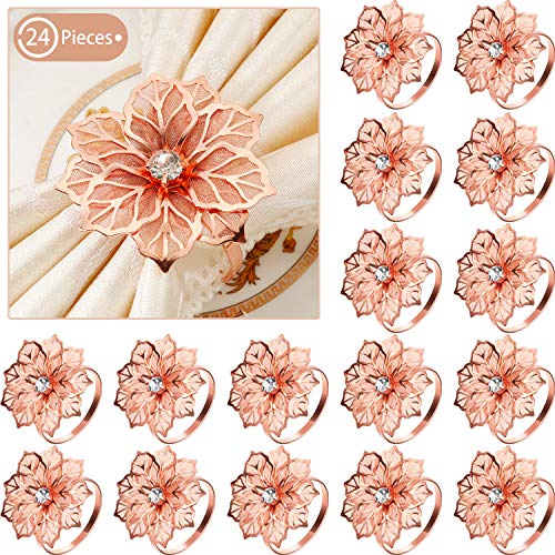 24 Pack Napkin Rings Alloy Hollow Out Flower Ring Napkin Holder Adornment Exquisite Household Floral Rhinestone Napkins Rings Set For Wedding, Mother’s Day, Party Dinner Table Decor(Red) #TOP16