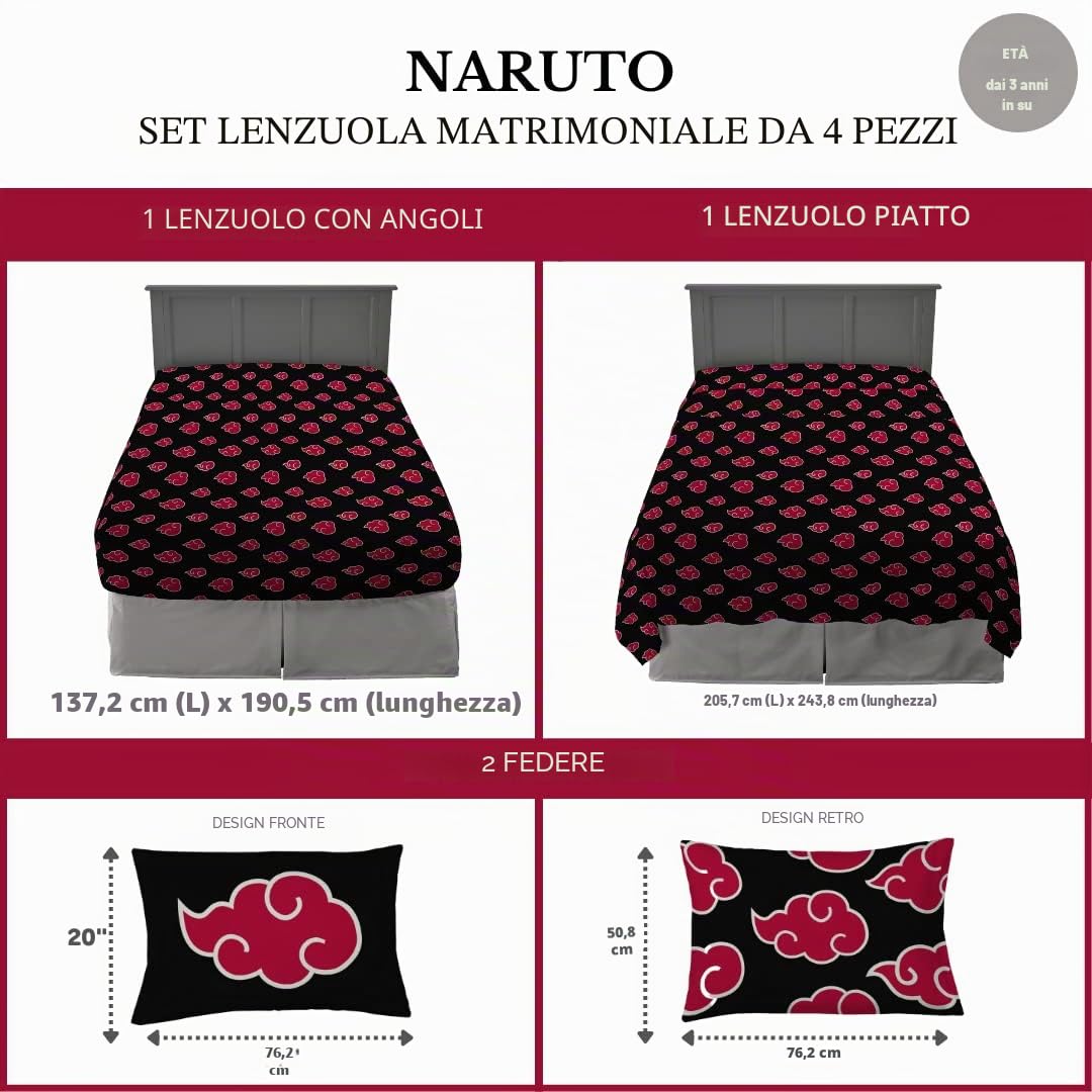 Franco Naruto Akatsuki Anime Bedding Super Soft Microfiber Queen Set di lenzuola (prodotto con licenza ufficiale Naruto)