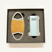 Visol Cigar Gift Set Perfecto Wood & Stainless Steel Double Guillotine Cutter & Vinson Silver Flat Torch Lighter Personalized Engraving.