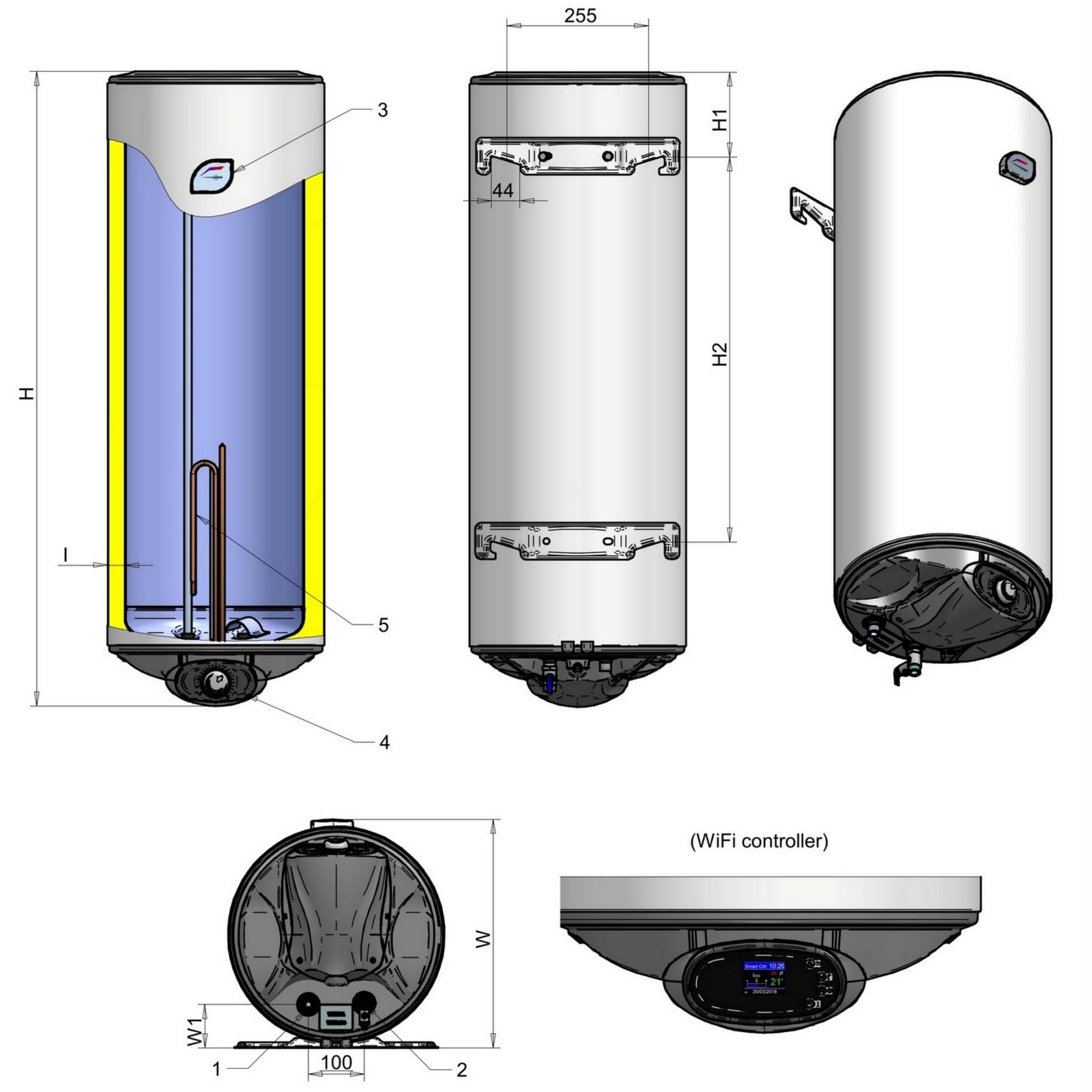 Elektrospeicher Warmwasserspeicher Boiler mit Appsteuerung über WiFi wandhängender Boiler 100 Liter - 3,0 kW 230 Volt