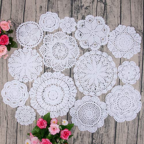 TOSEEY 14Pcs 100% Cotton Hand Crochet Doilies 3-10 inches Round White Beige Vintage Wedding Tea Party(White) - Thumbnail 2