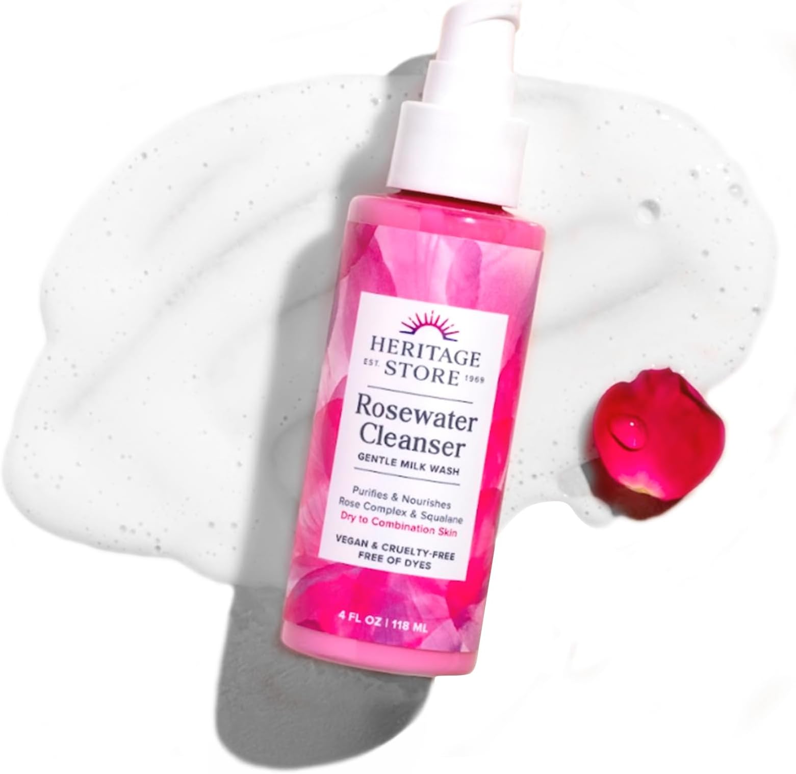HERITAGE STORE Rosewater Facial Cleanser - Milk Face Wash Purifies and Nourishes w/Squalane, Rose Complex, Dry Skin to Combination Skin Care, Hypoallergenic, pH Balanced, Vegan, 60-Day Guarantee, 4oz