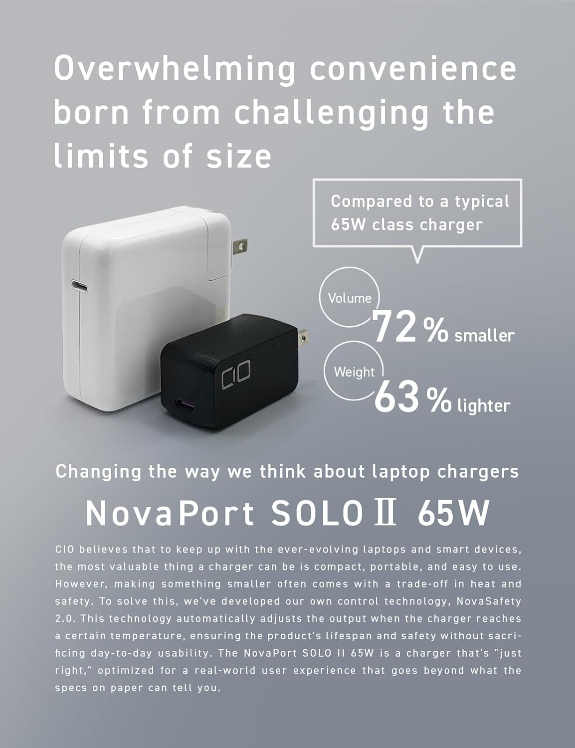 CIO 65W USB-C Charger Block, Ultra Compact GaN Fast Charging Brick, USB C Power Adapter for Laptop MacBook Air iPhone 15 16 Galaxy iPad, NovaPort Solo II 65W1C (Black)