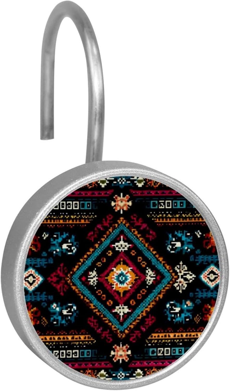 Ethnic Aztec Pattern Round Crystal Glass Decorative Shower Curtain Hooks with 3D Pattern Visual, Rust Proof Shower Curtain Rings-12 Pack