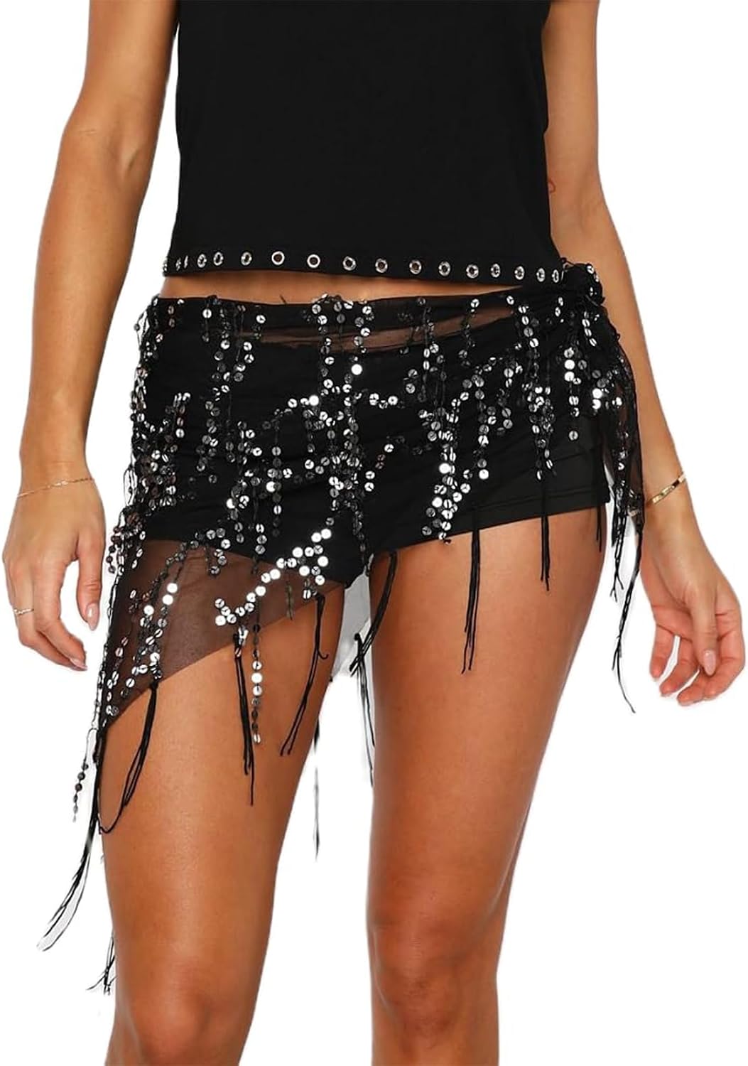 Women Belly Dance Hip Scarf Y2k Mesh Sequin Triangle Tassel Wraps Skirt Lace Fringe Waist Wrap Skirt Chain
