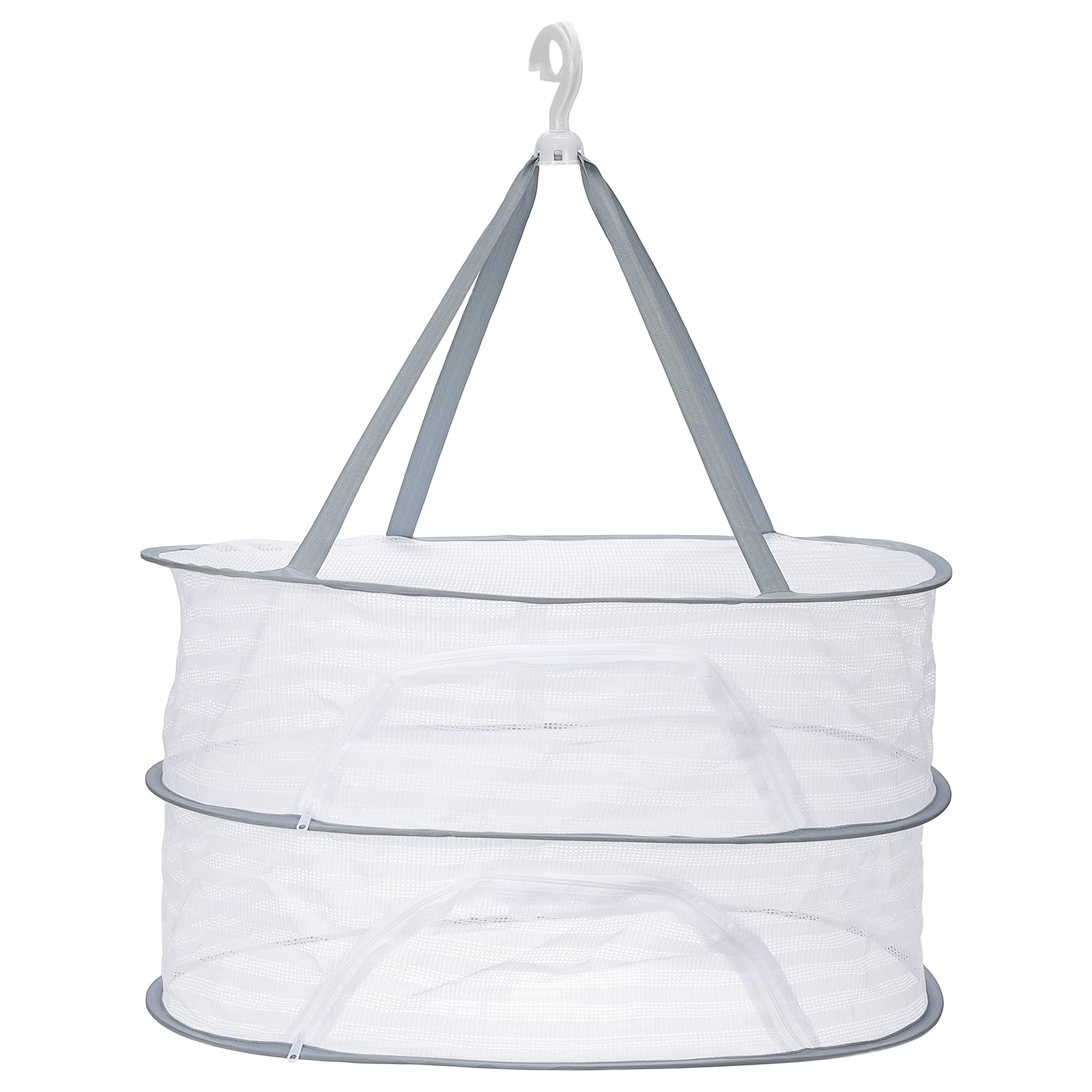 sourcing map 60cm Herb Drying Rack Hanging 2 Layer Hanging Mesh Net Collapsible Food Drying Fish Net with Zipper for Fish Buds Fruit Dehydrated Goods Vegetables Clothes, Grey