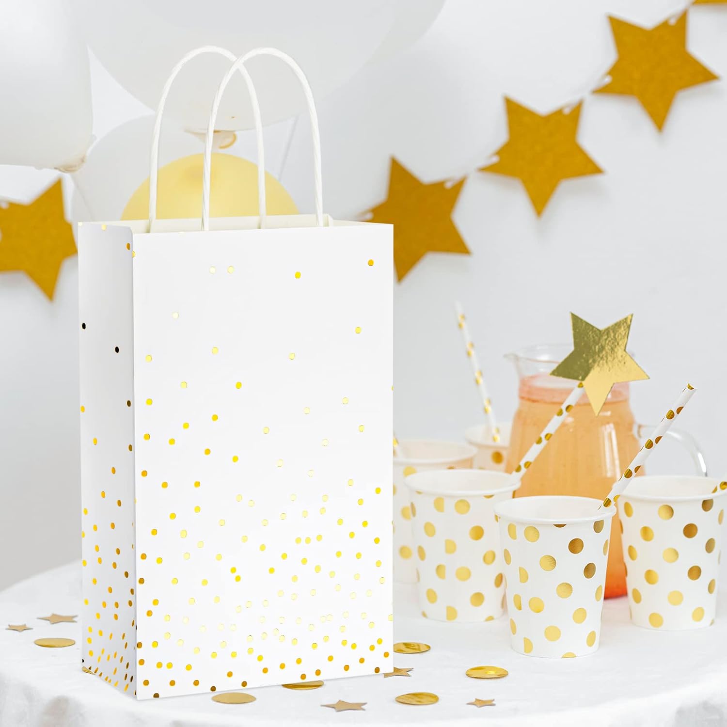 ECOHOLA 25 Pack White and Gold Gift Bags with Handles and Gold Foil Dots, Perfect for Bridal Party, Birthday Party, Wedding or Baby Showers