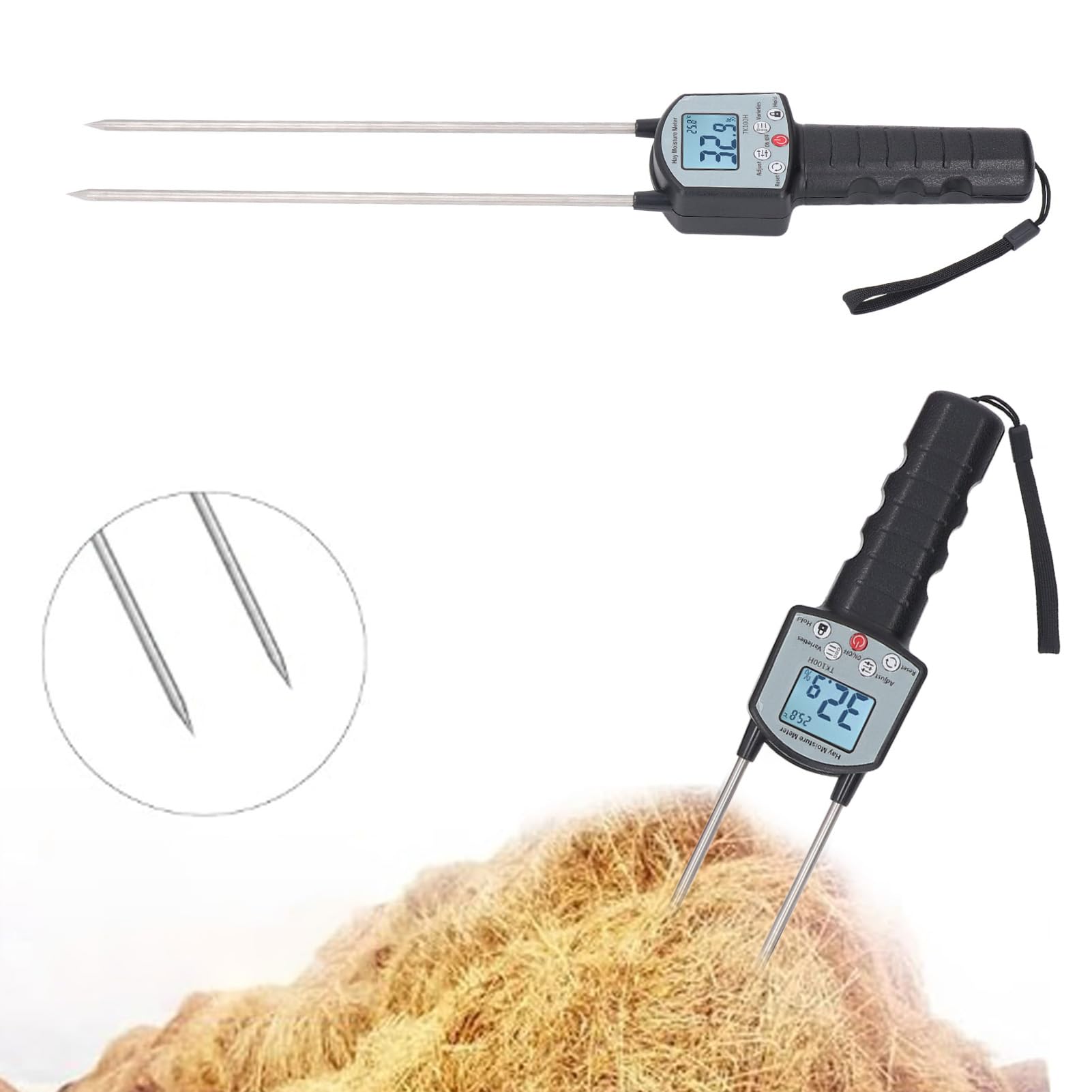 Upgrade TK100H Heu-Feuchtigkeitstester, Tragbares Heufeuchtemessgerät mit Tasche, Präziser Heufeuchtetester mit Sonde für Getreidestroh, Futter, Leymus Chinensis, Bereich 0-80%