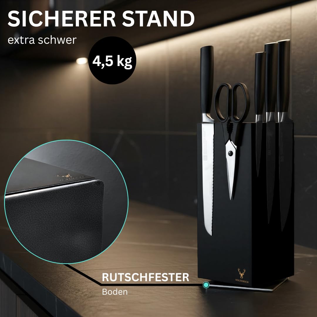 Messerblock ohne Messer magnetisch [Premium] | 360° drehbar | 4,5 kg schwer | Rutschfeste Edelstahl-Basis | Massiver Holzkern | Obsidian BlackWood