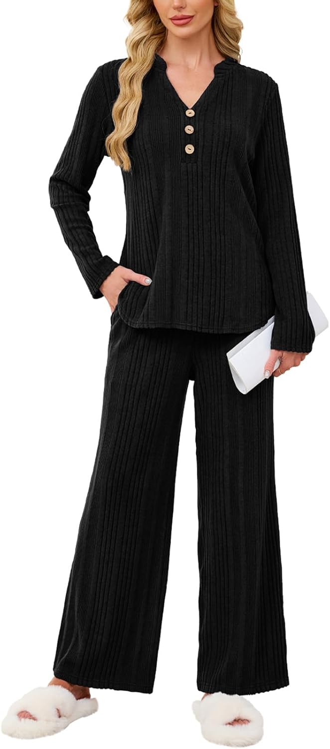 VUTRU Womens Ribbed Knit Lounge Set Long Sleeve Top and Long Pants 2 Piece Outfits Pajamas Sets Sleepwear PJ Sets