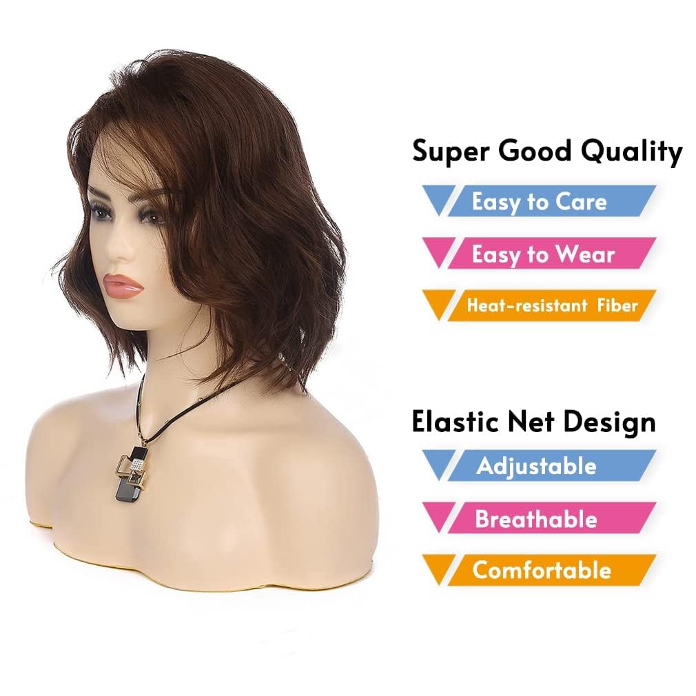 Qnbiar Short Wavy Brown Bob Wig for Women Synthetic Heat Resistant Side Part Halloween Cosplay Wig, 25 cm x 2 cm - Image 2