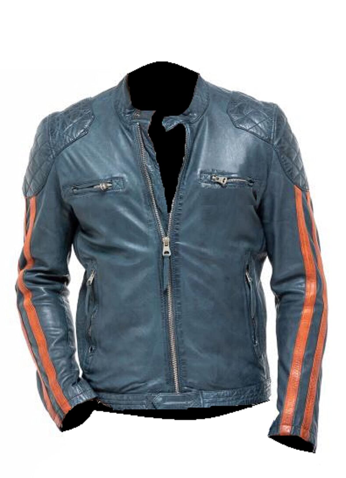 HiFacon Men's Vintage Retro Cafe Racer Green Leather Jacket Orange Stripes Biker Motorcycle Stylish Genuine