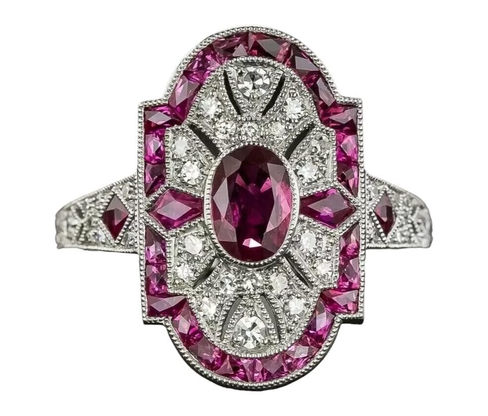 Art Deco Vintage Oval Cut Ruby & Lab Created Diamond 925 Silver Engagement Ring