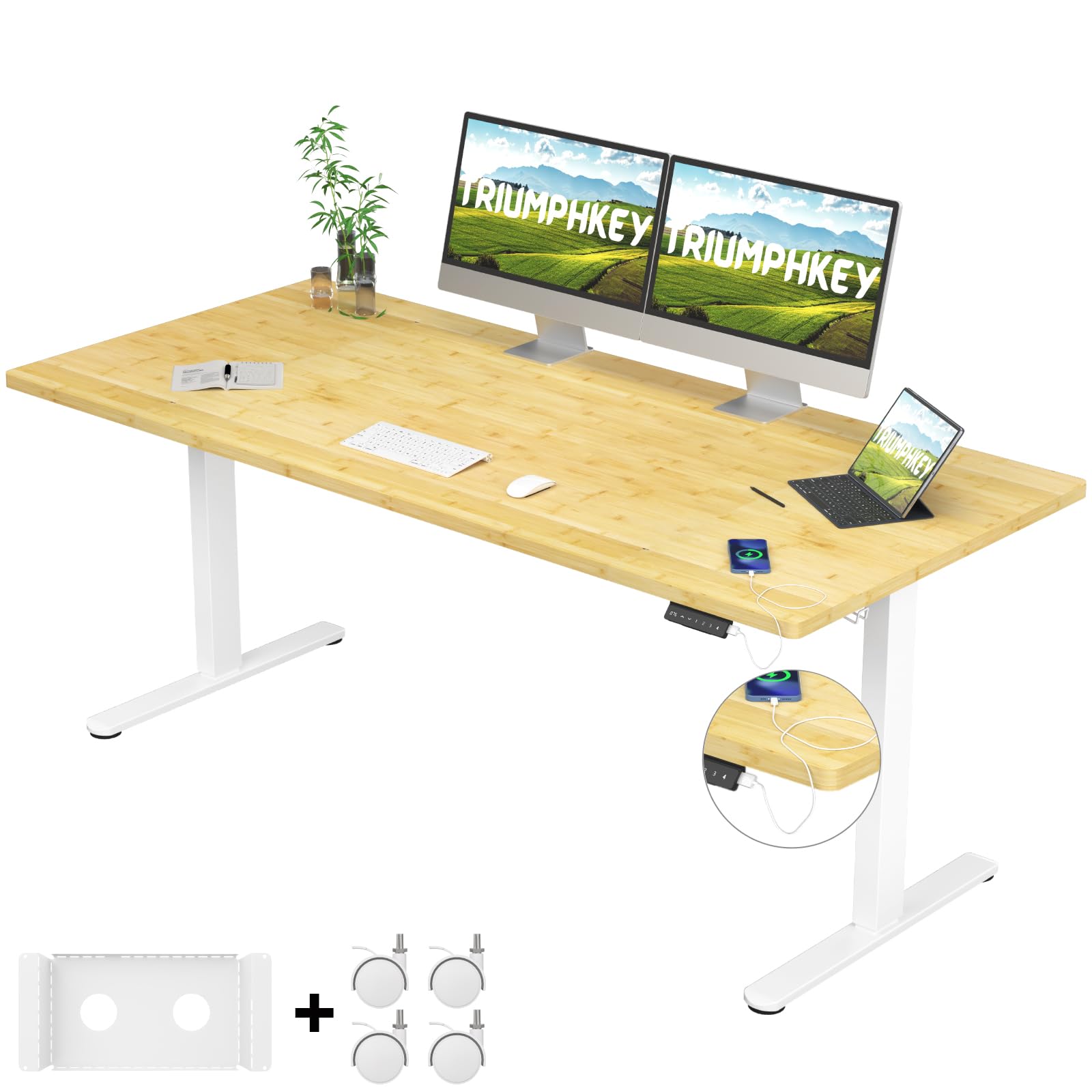 TRIUMPHKEY Elevable Eléctrico de BAMBÚ con Tablero Entero 180x80cm, Standing Desk con 4 Alturas de Memoria de Elevación y Ruedas, Mesa con 2 Motores, Capacidad de Carga 100KG para Oficina y Hogar