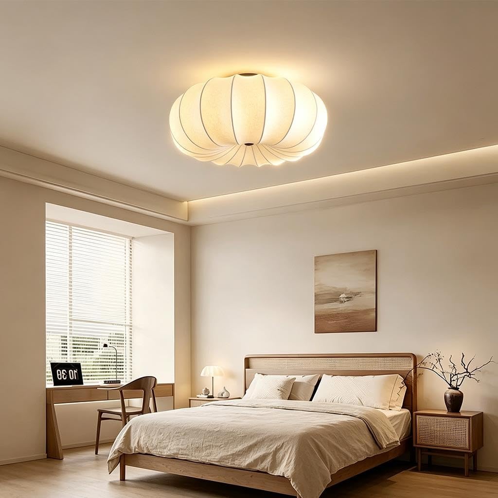 Lámpara De Techo WABI Sabi Japandi Suave Forma De Calabaza Plafón De Seda Artificial Premium Pantalla De Tela Cosida A Mano Exquisita Iluminación De Techo para Dormitorio Sala Comedor(40cm)