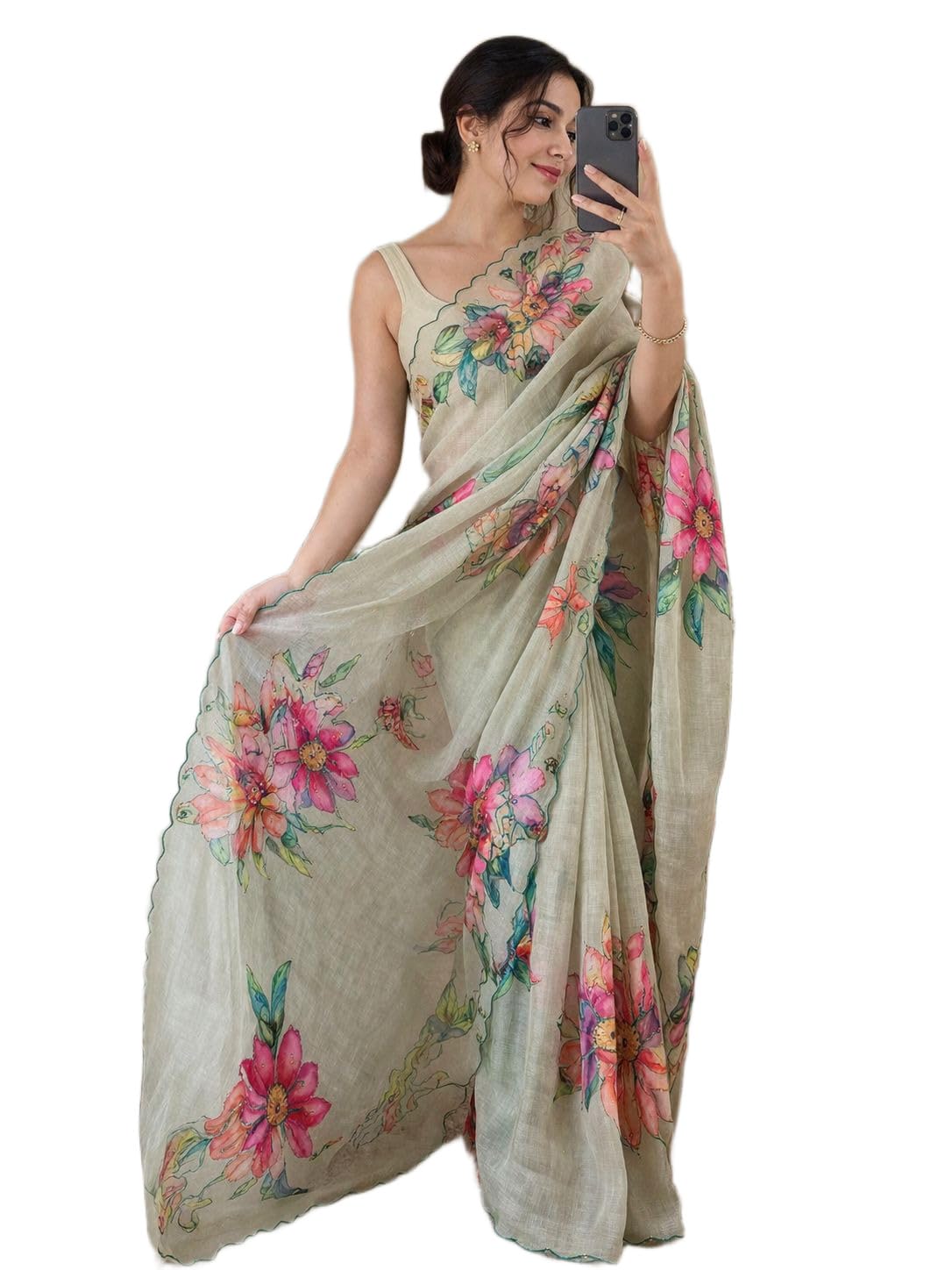 Women Linen Silk Saree with Digital Print and Khatli Work | Premium Ethnic Saree with Running Blouse Fabric-picture-33