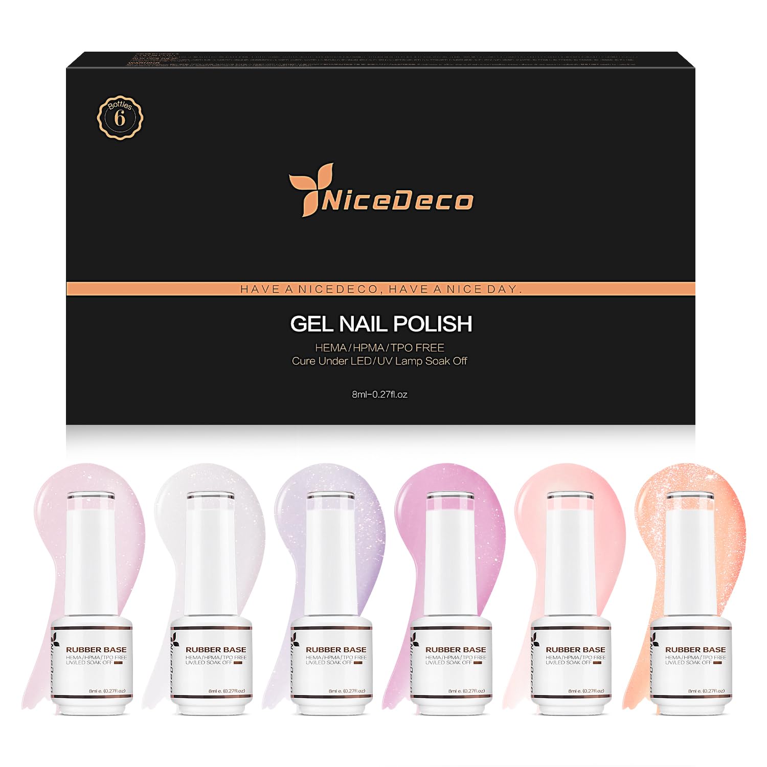 Nicedeco 4 en 1 Juego de gel base de goma para uñas, Hema Free Nude Rose Pink Sheer Color Gel Nail Polish UV LED Soak Off, Goma elástica Nail Strengthen Enhance Base Coat 6 x 8ml-Set 38