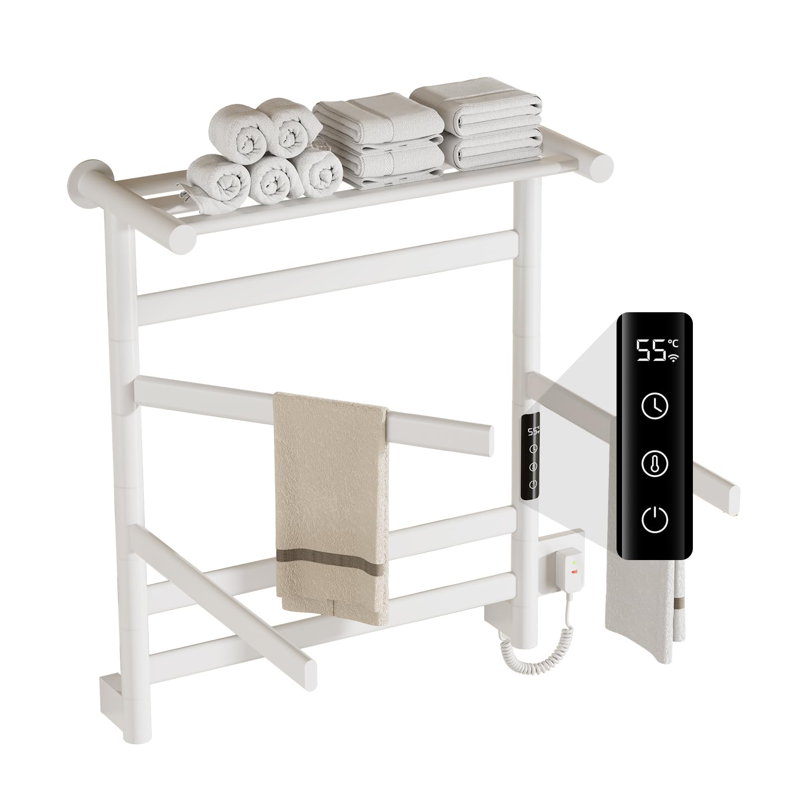 Handtuchheizkörper Elektrisch 180° Drehung 66 x 55cm, 360 W, Badheizkörper Weiß mit Digitaler Bildschirm, Handtuchtrockner Elektrisch mit Timer Und Thermostat 30-70℃, Lagerregal, IPX4