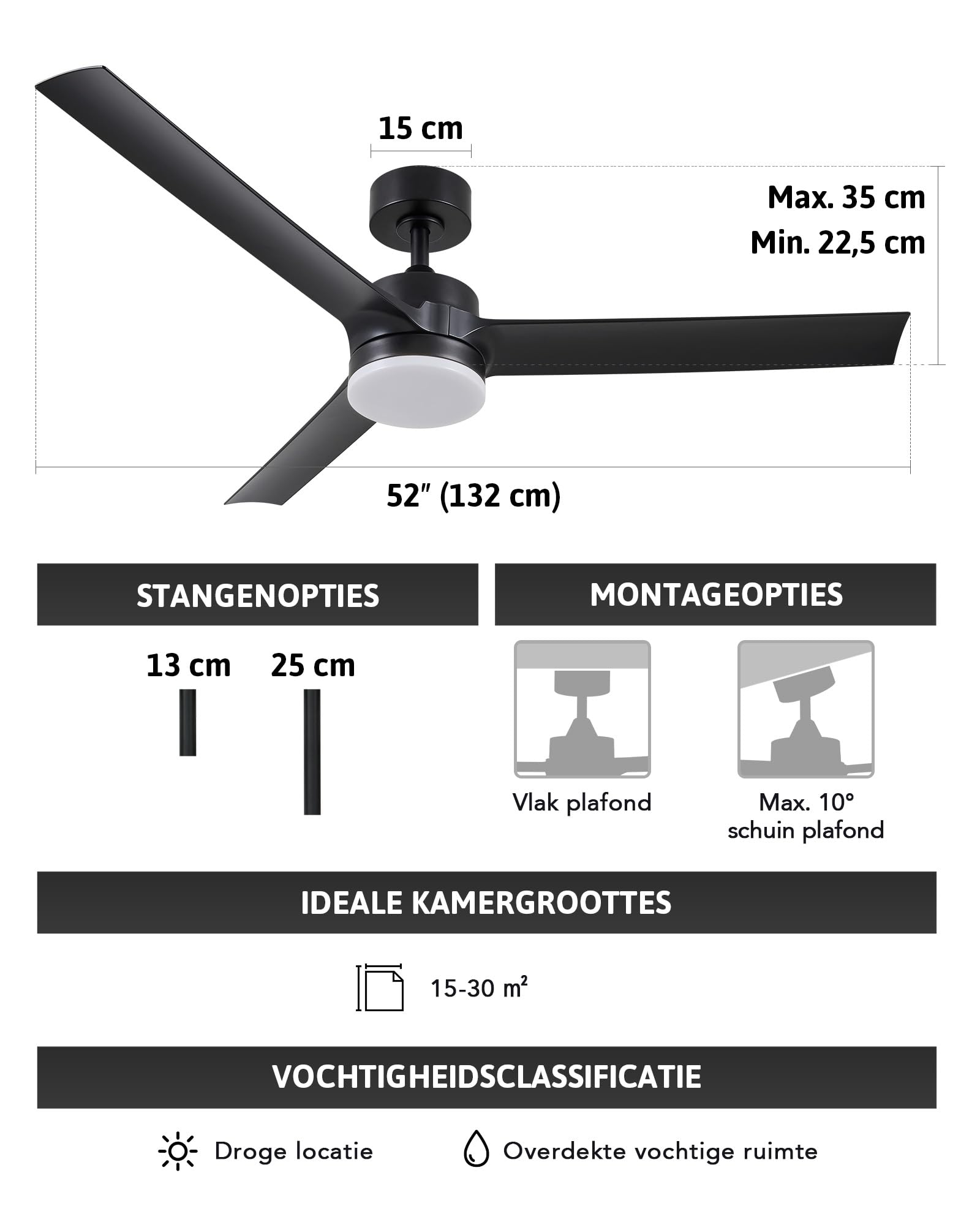 CO-Z 52 Zoll Deckenventilator mit Beleuchtung und Fernbedienung 2 in 1 Ventilator LED Deckenleuchte ABS mit Timer für Innen und überdachten Außenbereich