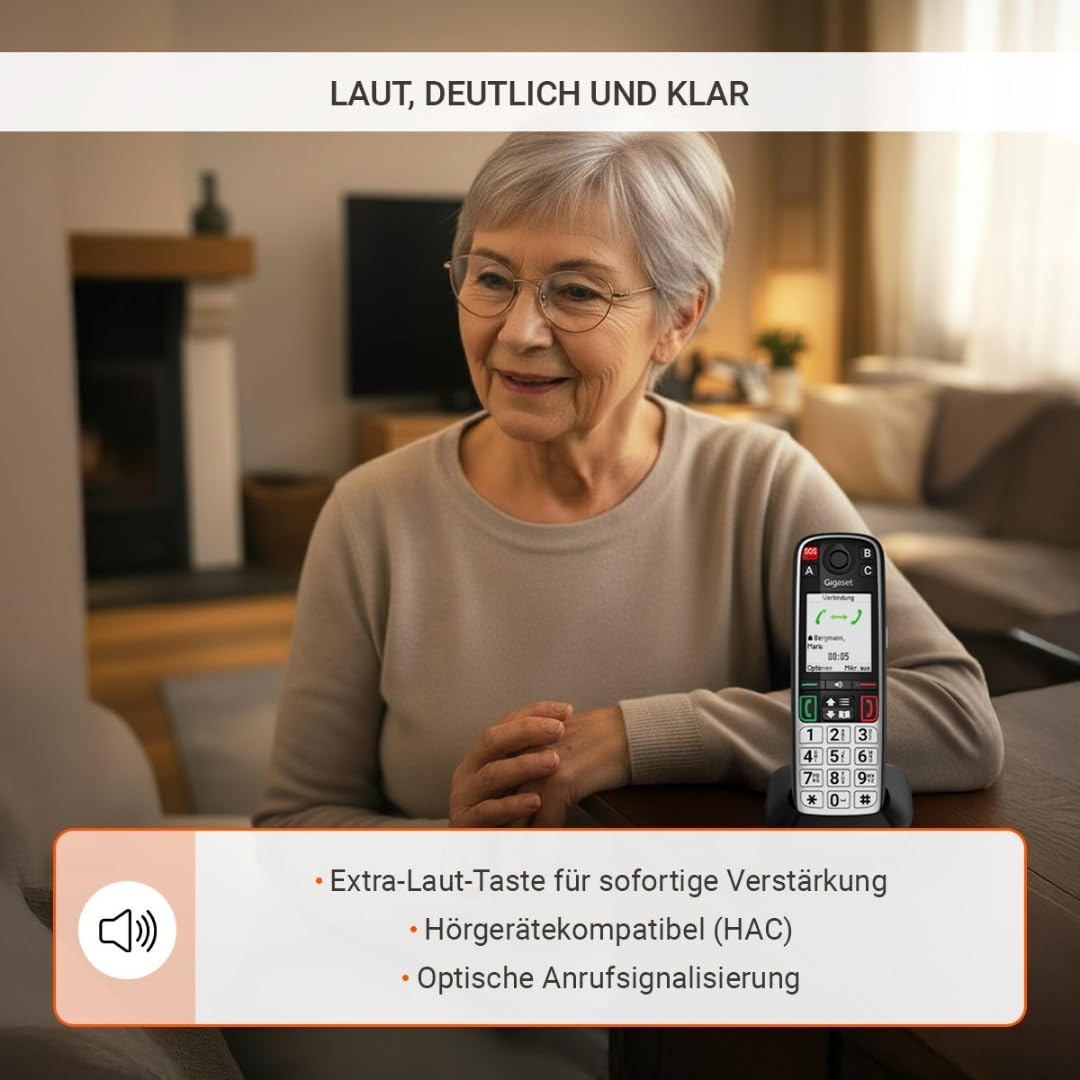 Gigaset Easy 520 Seniorentelefon mit SOS-Notruf, Direktwahltasten, Schwarz | 2,2-Zoll-Display, Freisprechfunktion, sprechende Wahltasten, Made in Germany, [Kompatibel in DE, IT, FR, NL, BE, CHE, AUT]