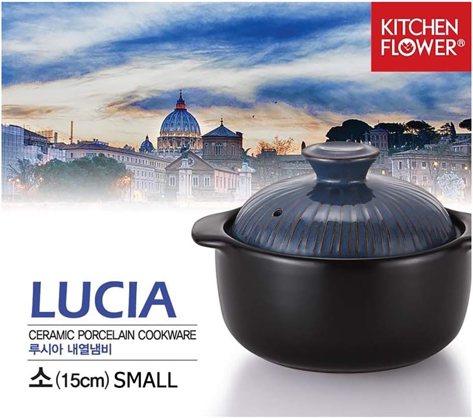 Kitchen Flower Lucia Natural Glazed Ceramic Porcelain Cookware Hot Pot (Vintage Blue 600ml)