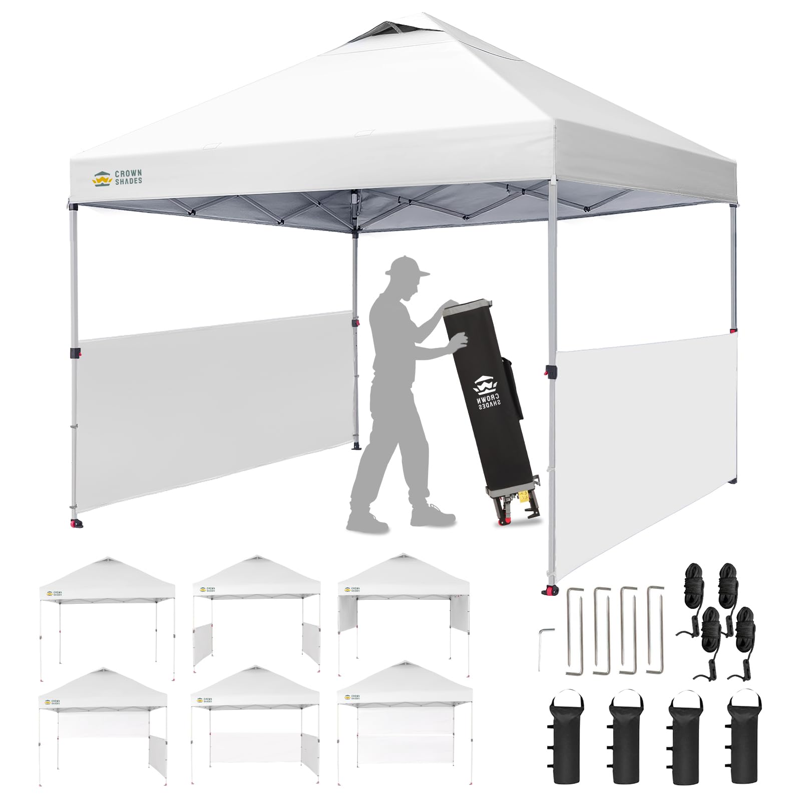 CROWN SHADES 10x10 Pop up Canopy Tent Instant Canopy with 150D Silver Coated Fabric Including 2 Half Sidewalls, 4 Ropes, 8 Stakes, 4 Weight Bags, STO 'N Go Bag, Grid White