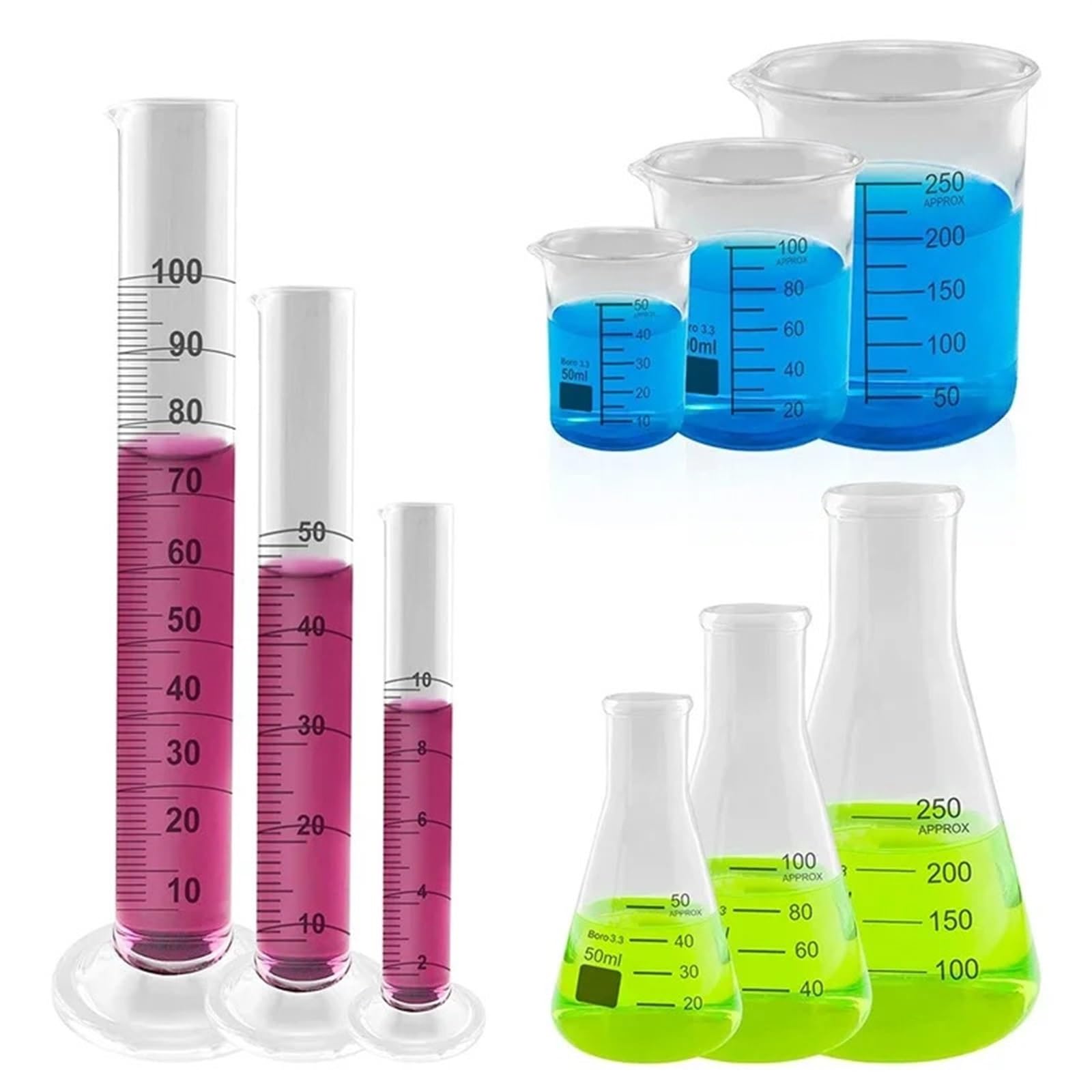 Matraz Erlenmeyer Graduado de Borosilicato, 1 Vaso de precipitados de Vidrio, Cilindro Graduado, Juego de matraz Erlenmeyer. Incluye Vasos de Laboratorio de 10 ml, 50 ml, 100 ml y 250 ml.