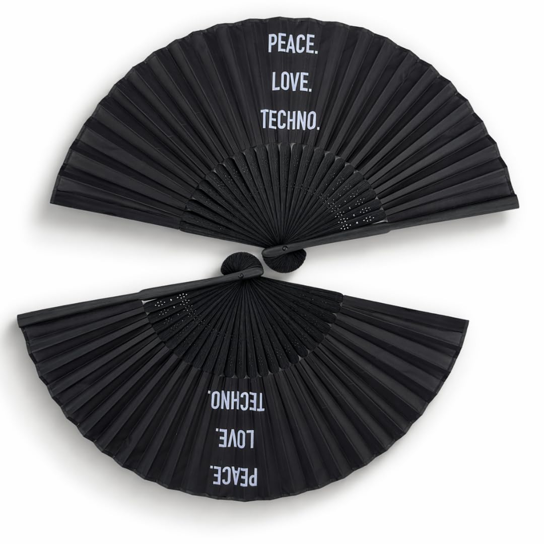 Set di 2 ventagli Techno Rave – Ventaglio piccolo e stabile in legno di bambù nero – Fan estivo decorazione asiatica per feste, club, festival, rave, matrimonio, compleanno, fotografia, decorazione da